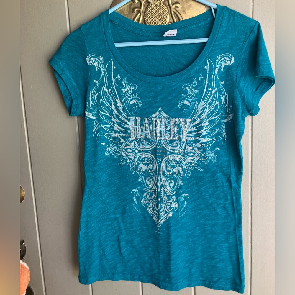 Rhinestone blue teal Harley Davidson t shirt
